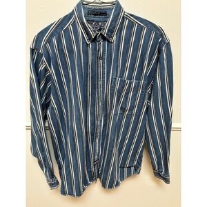 Bugle Boy Mens XL Blue White Black Striped Long Sleeve Button Down Denim Shirt